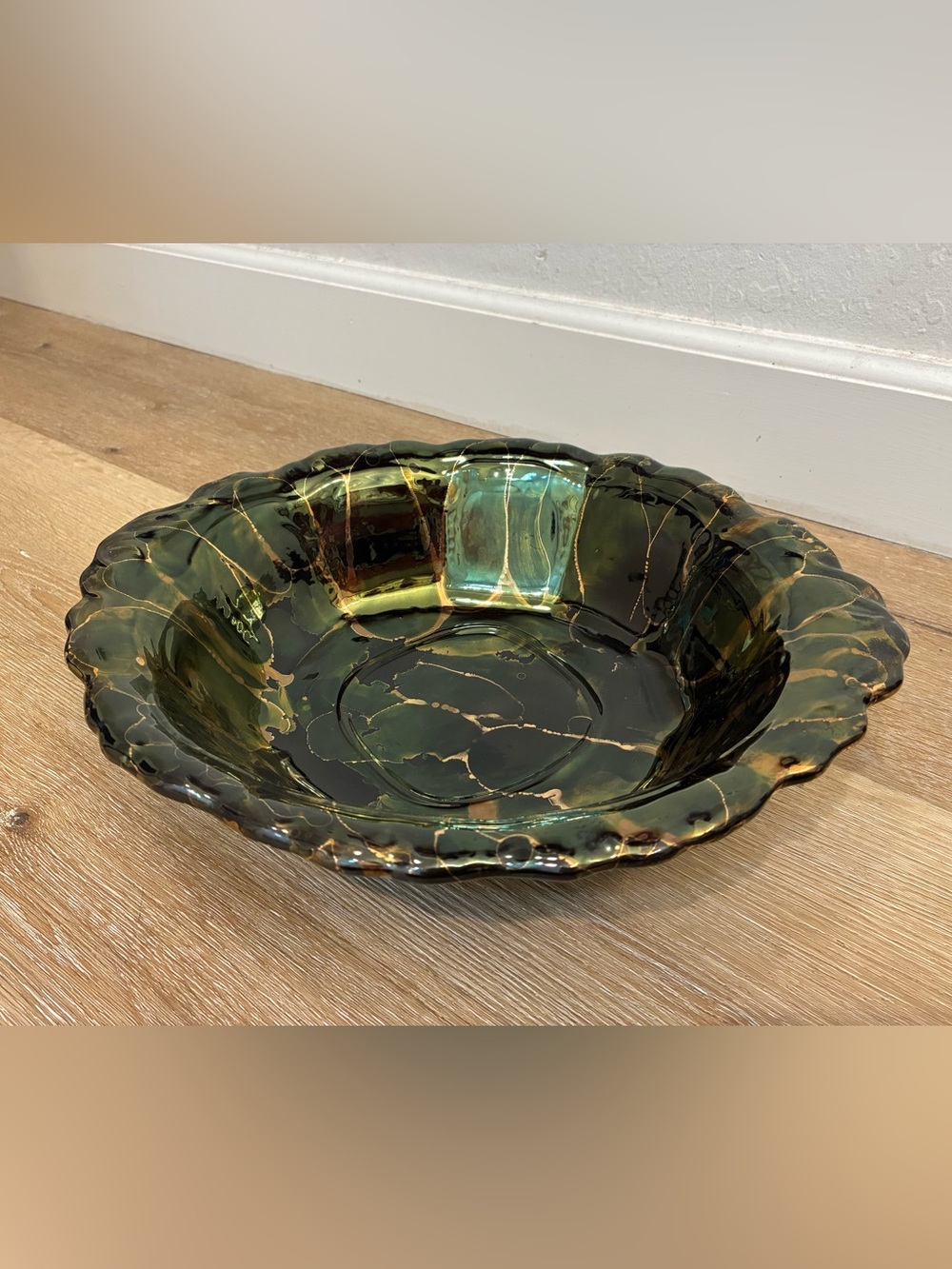 Vintage Signed Art Glass Bowl Green Gold Splatter Scalloped Rim